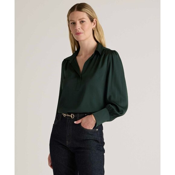 Quince Washable Stretch Silk Split Neck Blouse - Picture 1 of 8